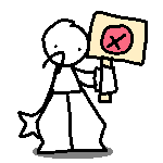 A sad Charlie holding a sign with an X inside a red circle.